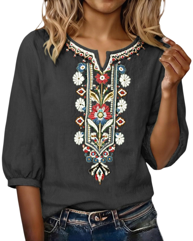 Torvina | Broderet Blomstret V-halset Bluse