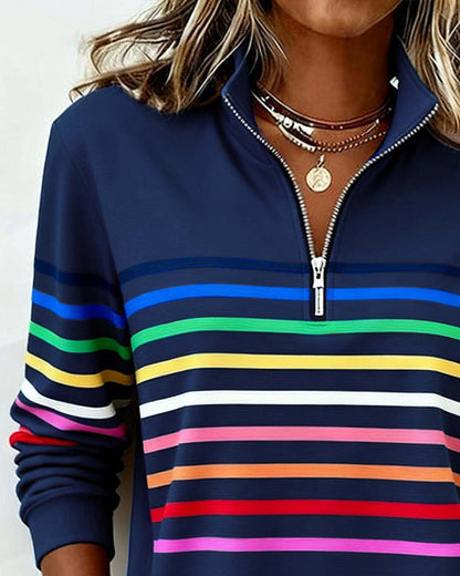 Sylvi | Stribet Sweatshirt med Halv Lynlås
