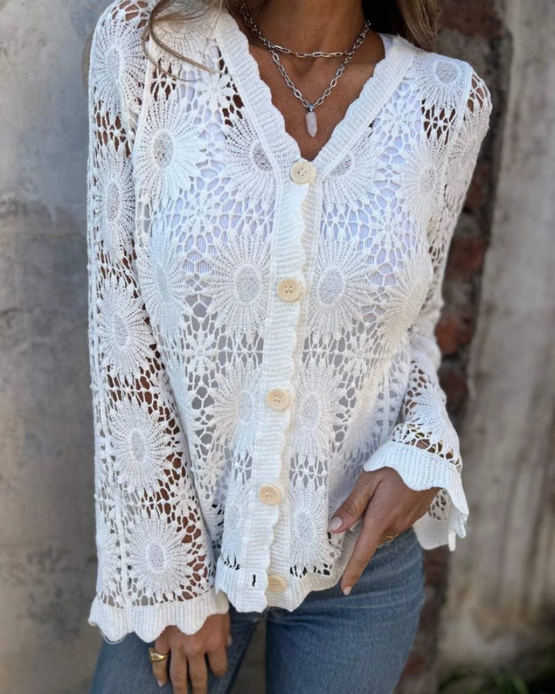 Tyra - Blomsterdesign Knap Cardigan