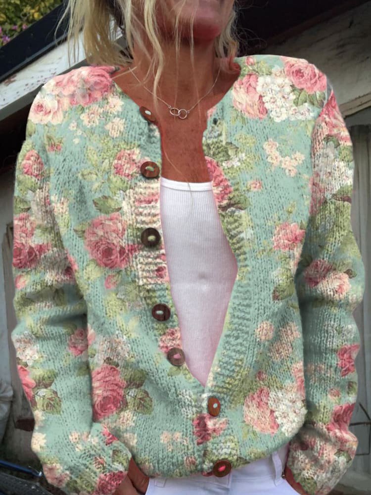 Ingelinn | Blomstret Knappet Strikcardigan