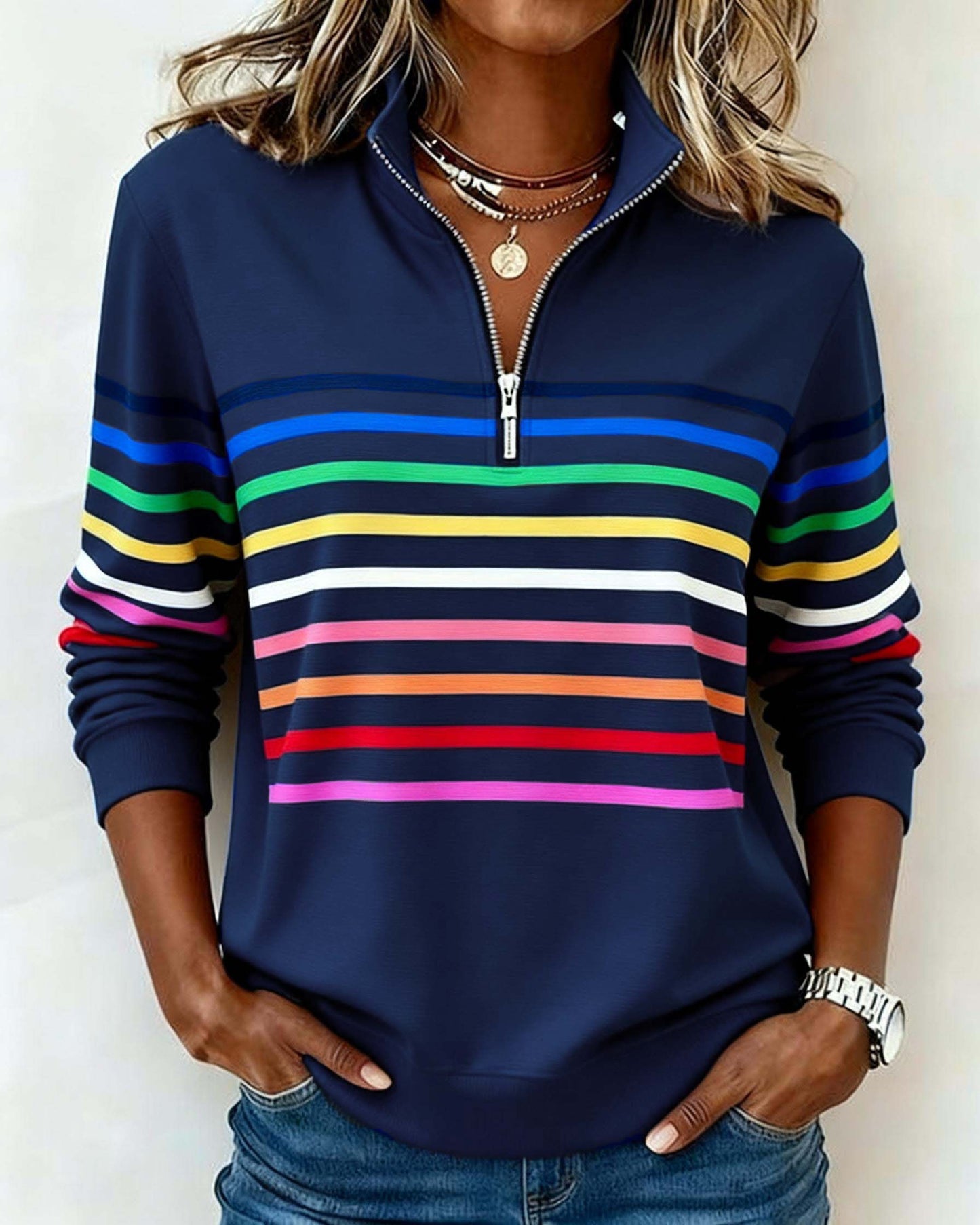 Sylvi | Stribet Sweatshirt med Halv Lynlås