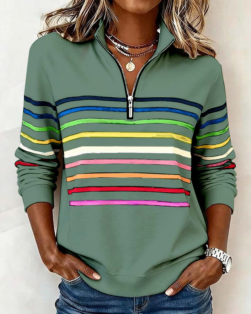 Sylvi | Stribet Sweatshirt med Halv Lynlås