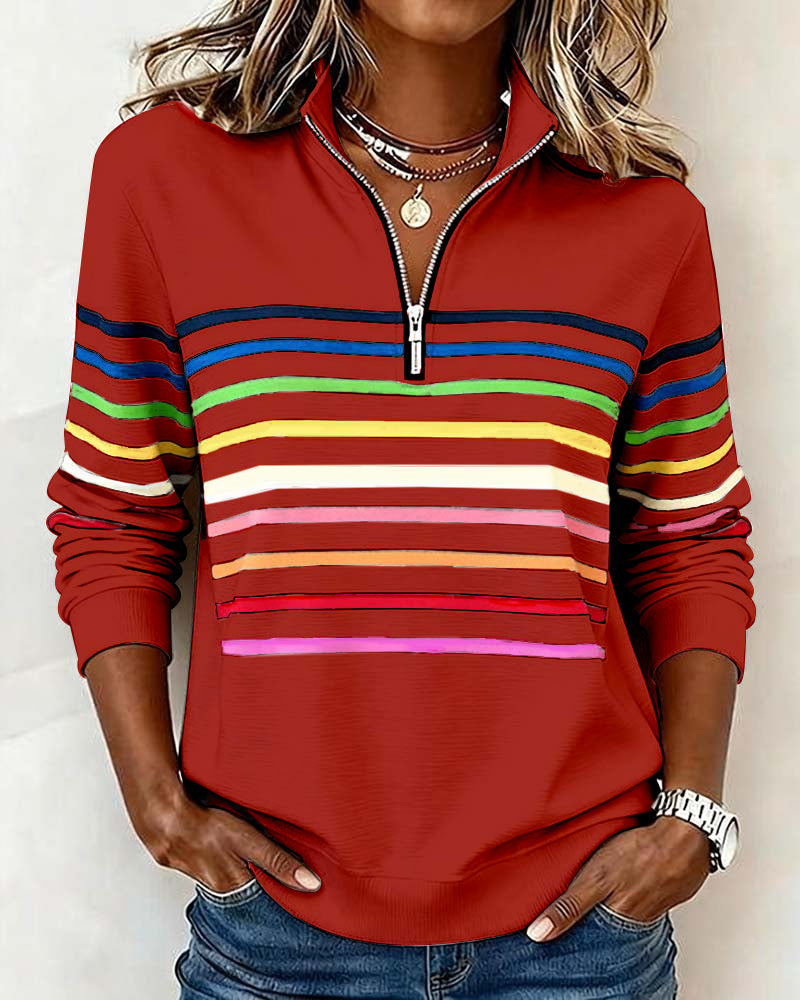 Sylvi | Stribet Sweatshirt med Halv Lynlås