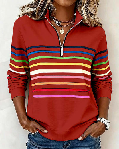 Sylvi | Stribet Sweatshirt med Halv Lynlås