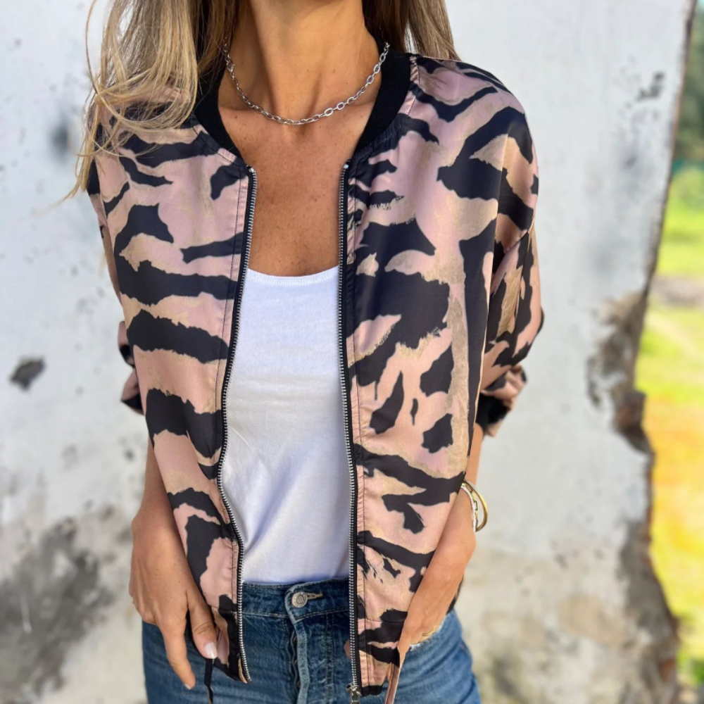 Cecilie | Zebra Print Aviator Jakke med Lynlås