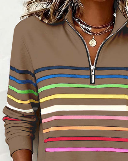 Sylvi | Stribet Sweatshirt med Halv Lynlås