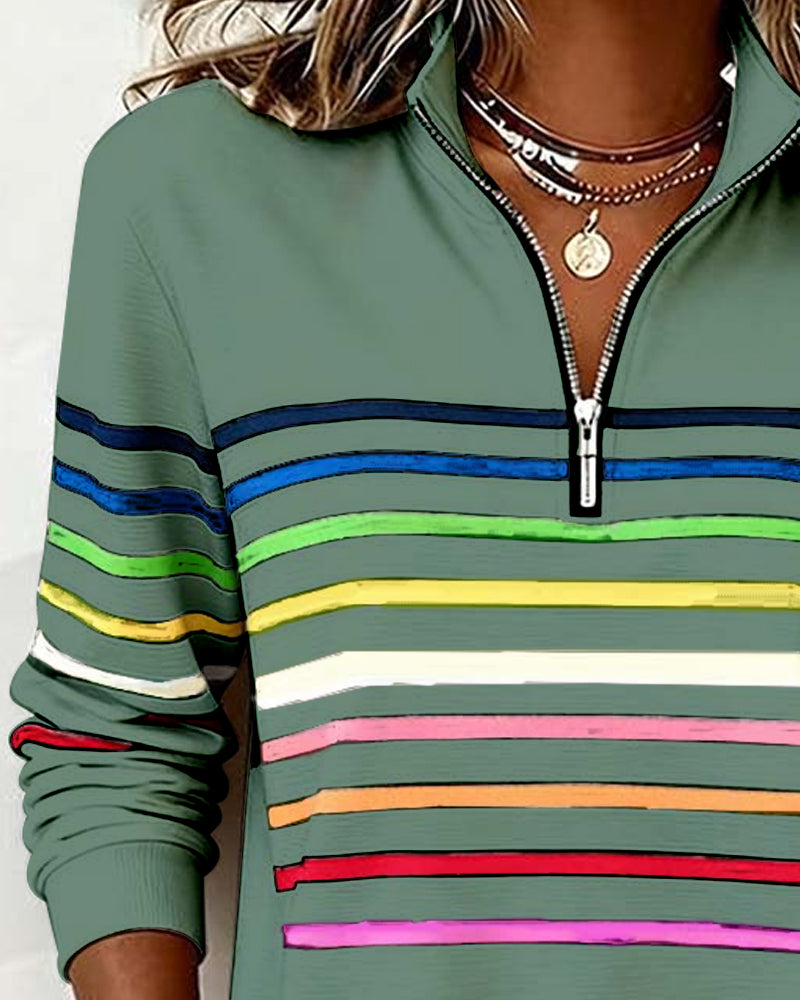 Sylvi | Stribet Sweatshirt med Halv Lynlås