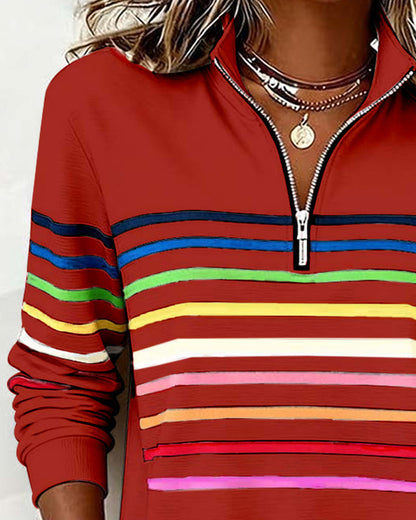 Sylvi | Stribet Sweatshirt med Halv Lynlås
