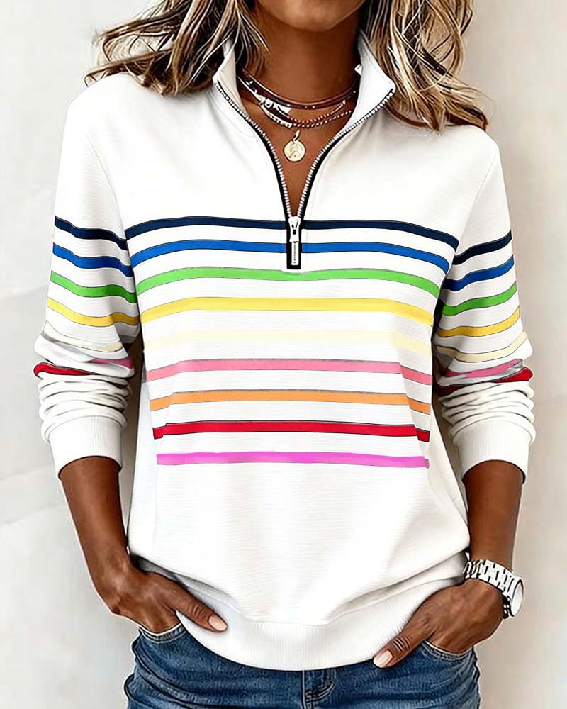 Sylvi | Stribet Sweatshirt med Halv Lynlås