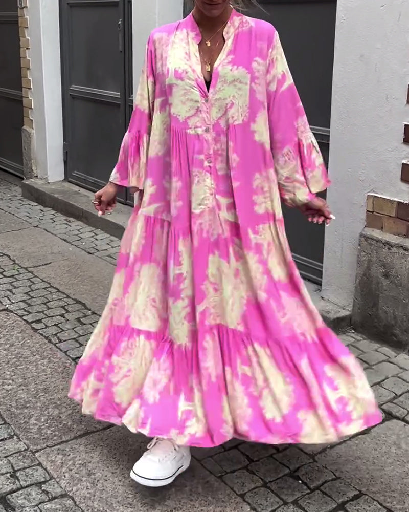 Mette | Lang kjole, V-udskæring, klokkeærmer og blomsterprint