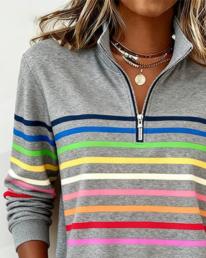Sylvi | Stribet Sweatshirt med Halv Lynlås