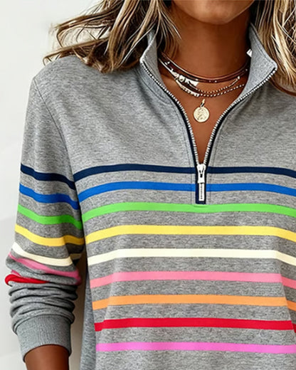 Sylvi | Stribet Sweatshirt med Halv Lynlås