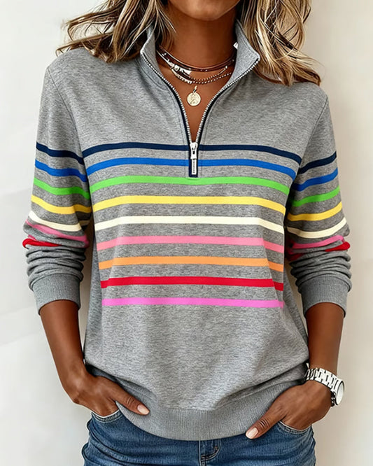Sylvi | Stribet Sweatshirt med Halv Lynlås