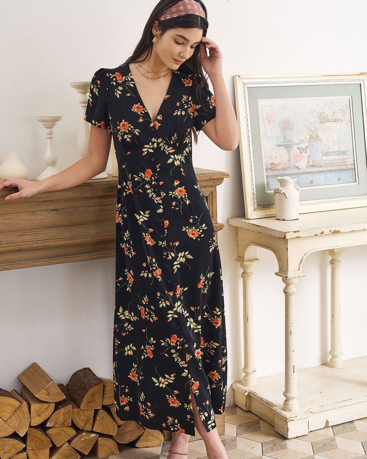 Astrid | Sort blomsterprint midikjole