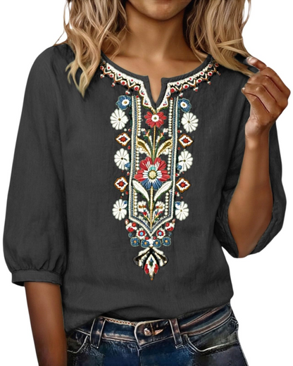 Torvina | Broderet Blomstret V-halset Bluse