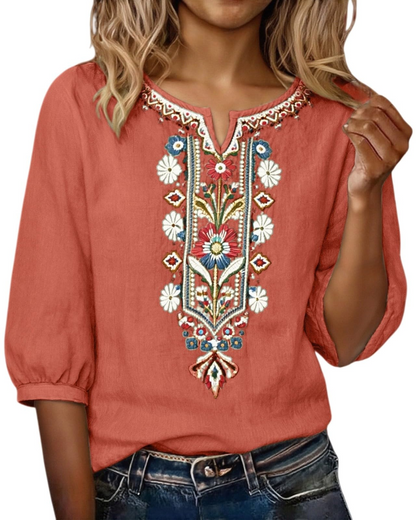 Torvina | Broderet Blomstret V-halset Bluse