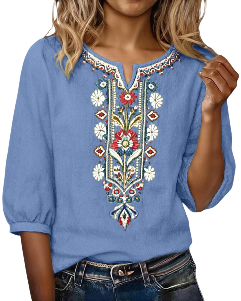 Torvina | Broderet Blomstret V-halset Bluse