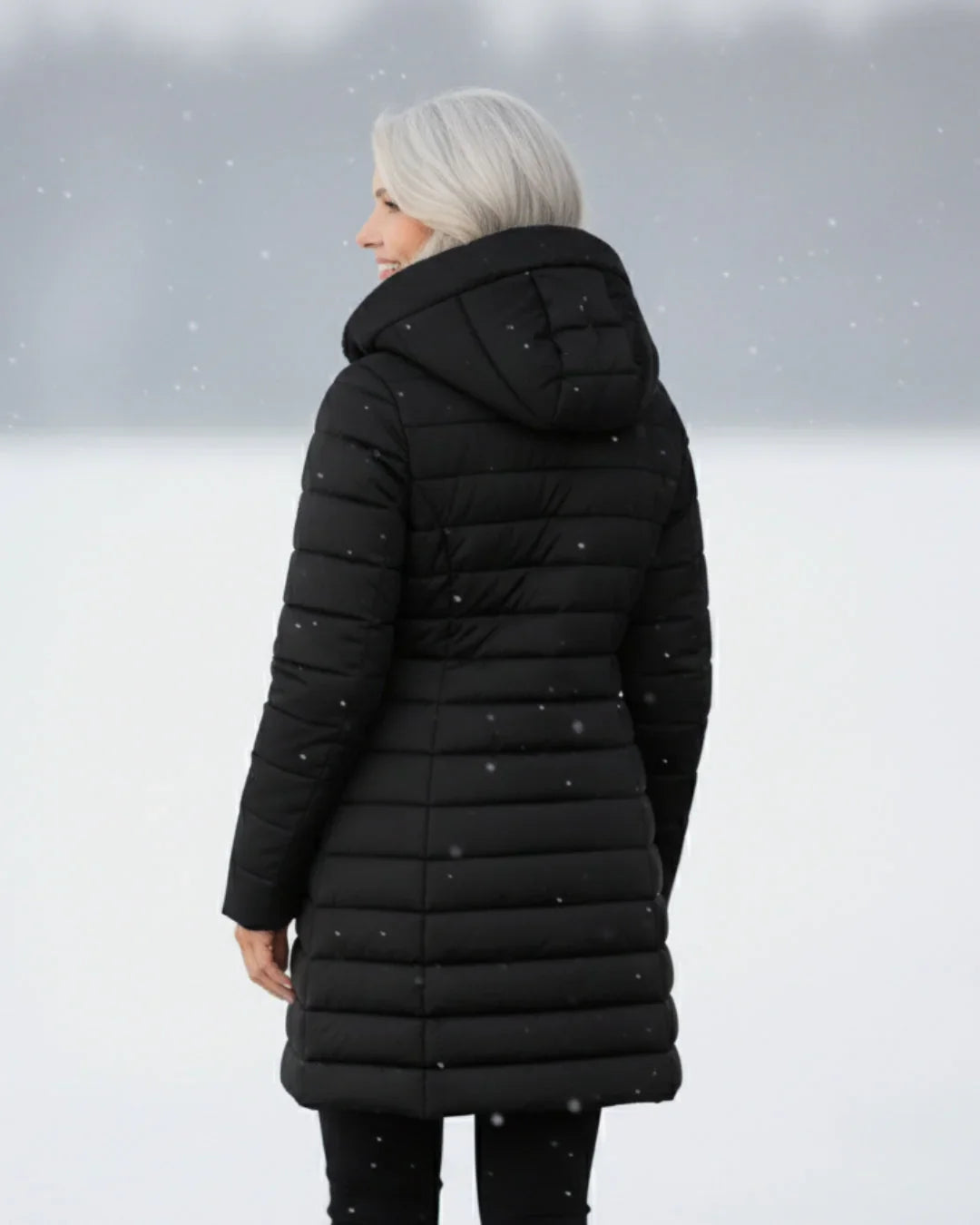 Vinterjakke med sherpafor set skråt bagfra