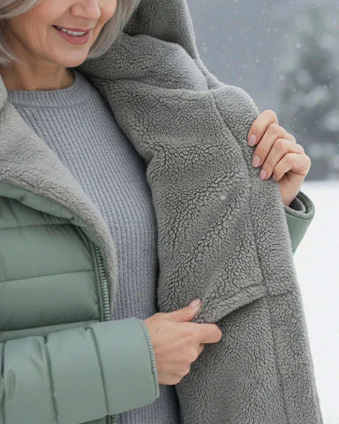 Vinterjakke med sherpafor detalje ved halsen