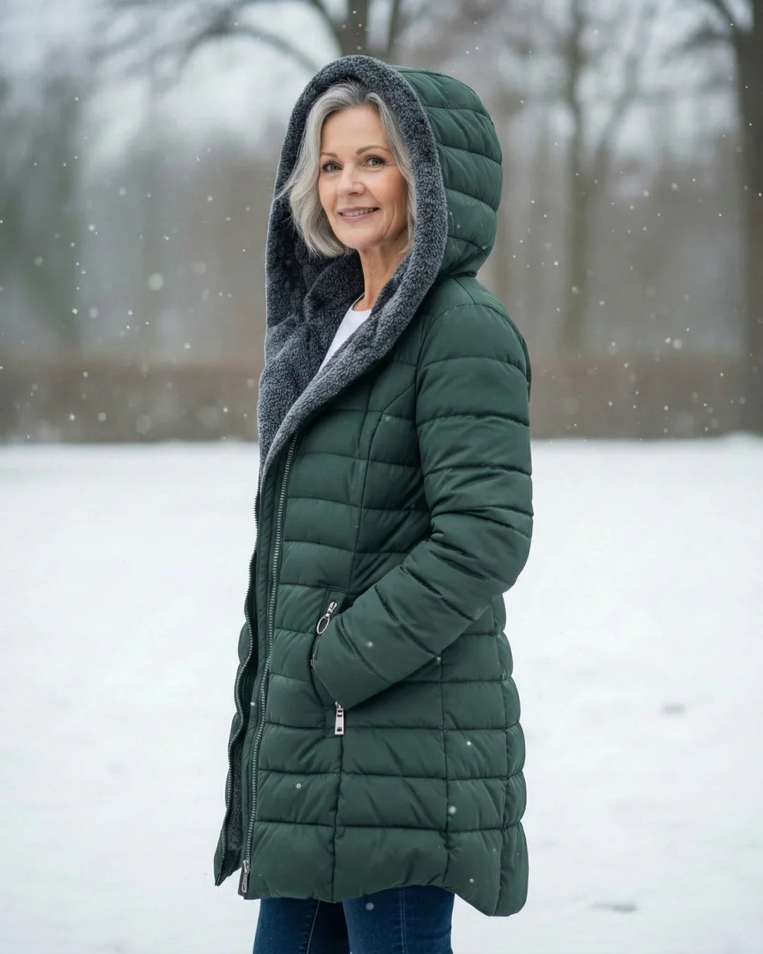 Vinterjakke med sherpafor set fra siden