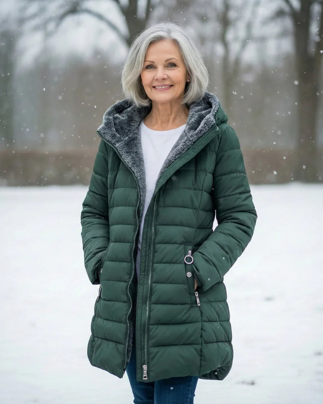 Vinterjakke med sherpafor detalje set tæt på