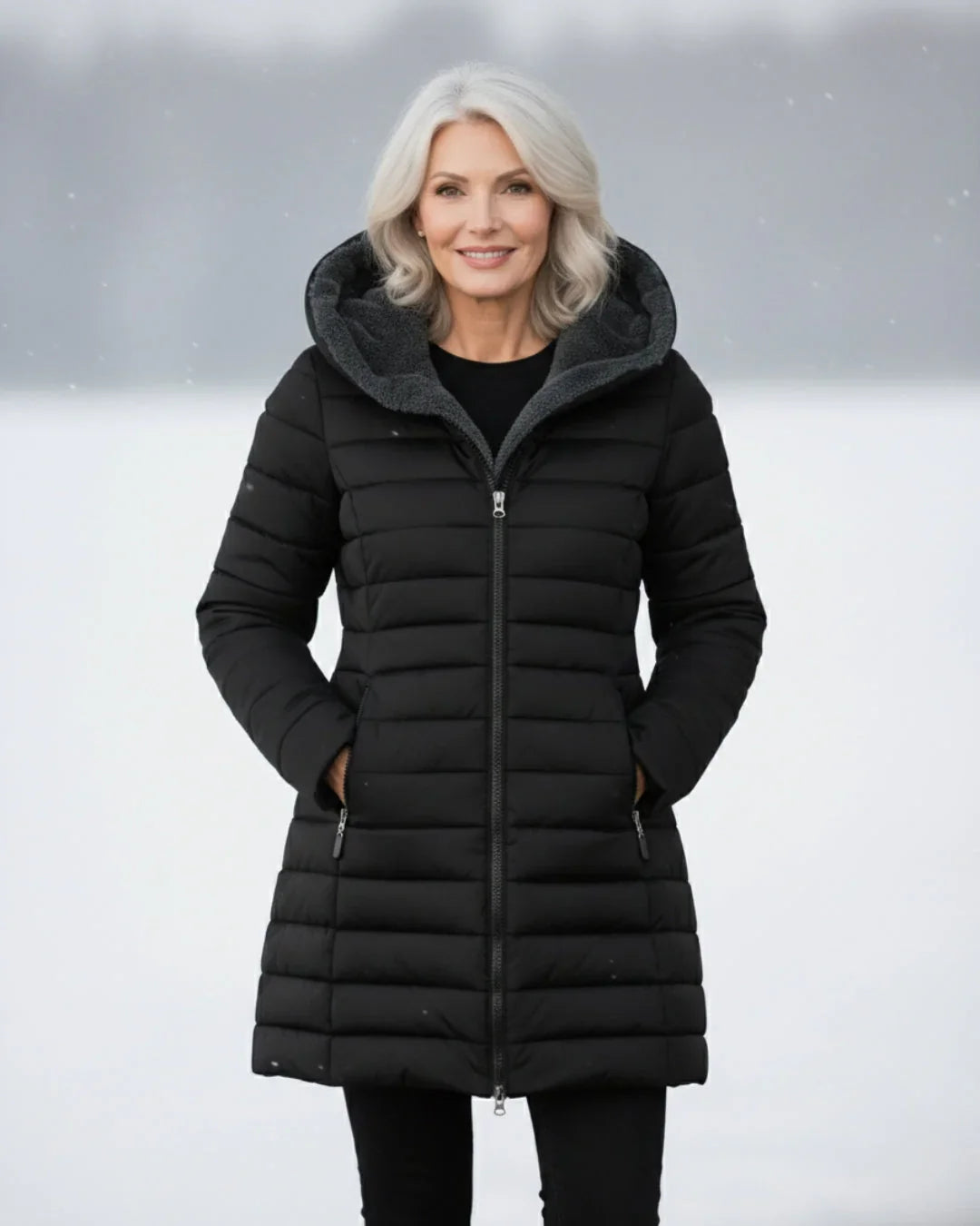 Vinterjakke med sherpafor set skråt forfra