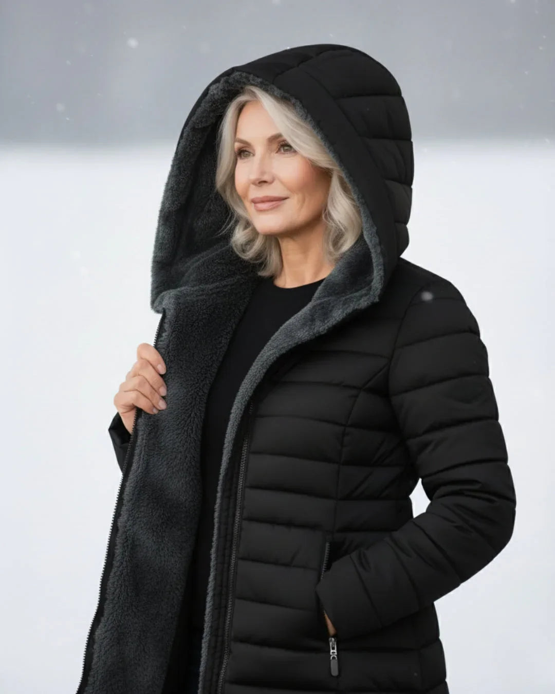Vinterjakke med sherpafor nærbillede af stoffet
