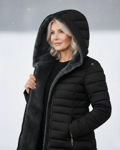 Vinterjakke med sherpafor nærbillede af stoffet