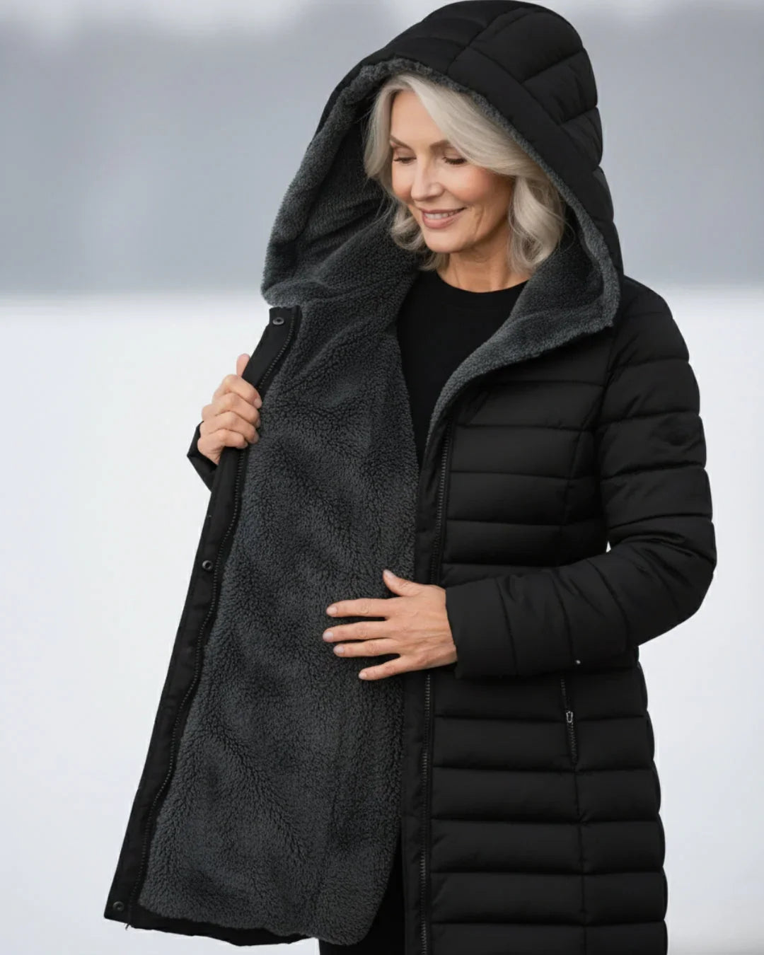 Vinterjakke med sherpafor detalje ved kanten