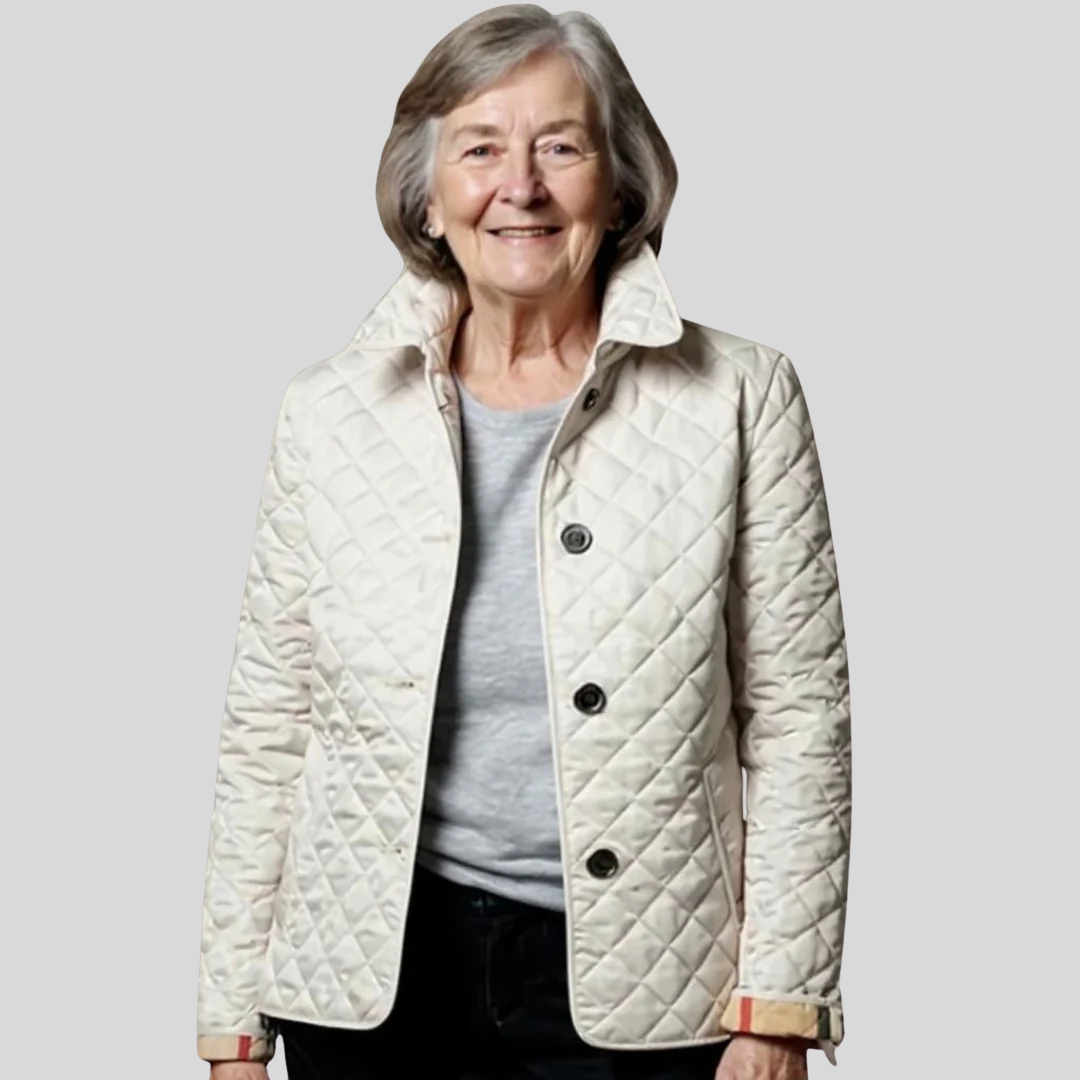 Kort quiltet jakke med revers set fra siden