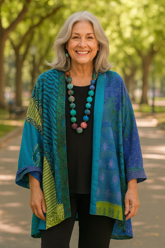 Gunnvor | Cardigan med Patchwork-Print og Åben Front