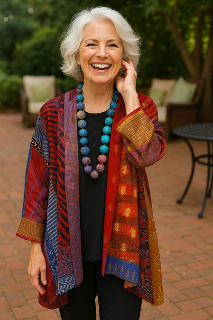 Gunnvor | Cardigan med Patchwork-Print og Åben Front