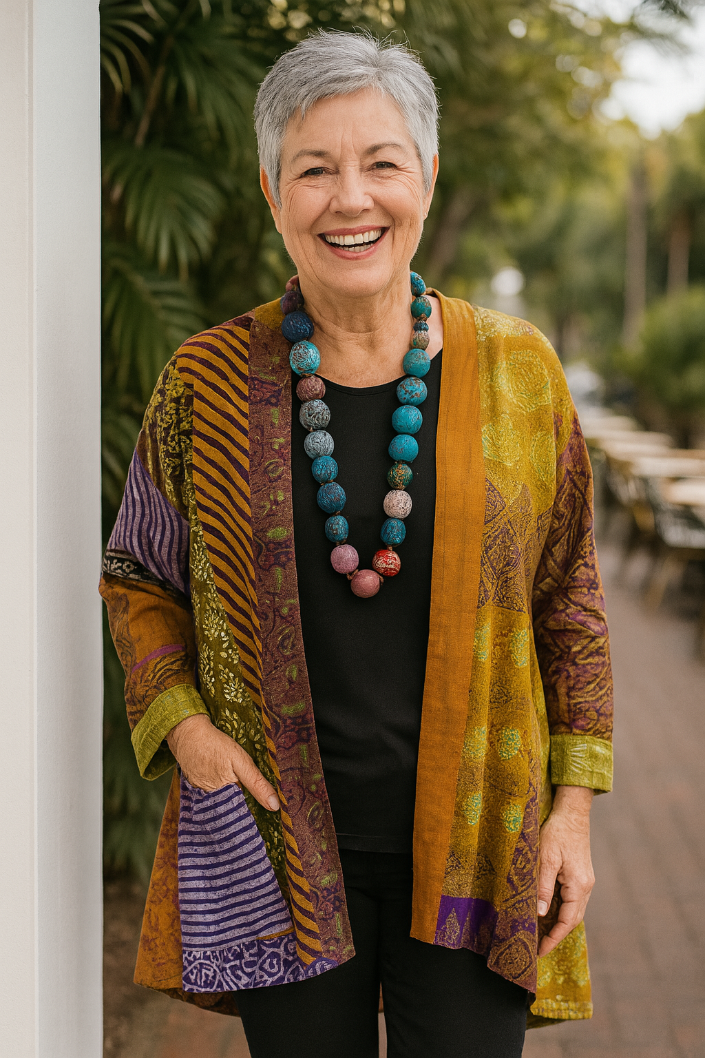 Gunnvor | Cardigan med Patchwork-Print og Åben Front