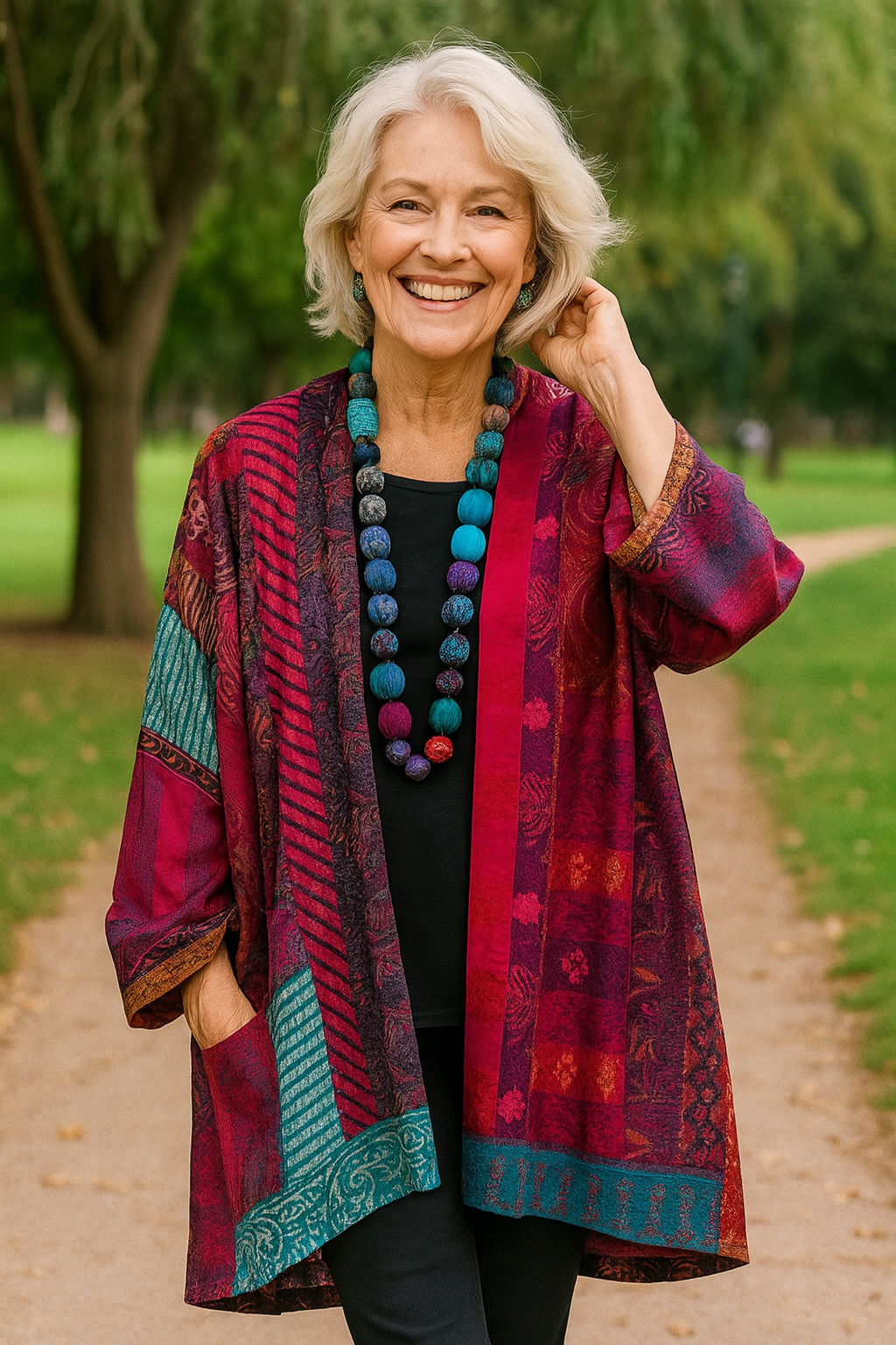 Gunnvor | Cardigan med Patchwork-Print og Åben Front