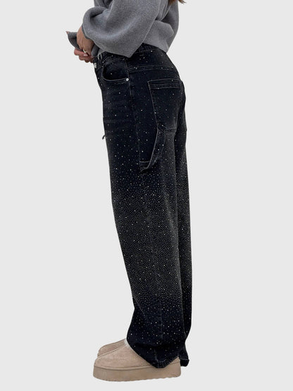 Mønstrede jeans med lige ben stofstruktur tæt på