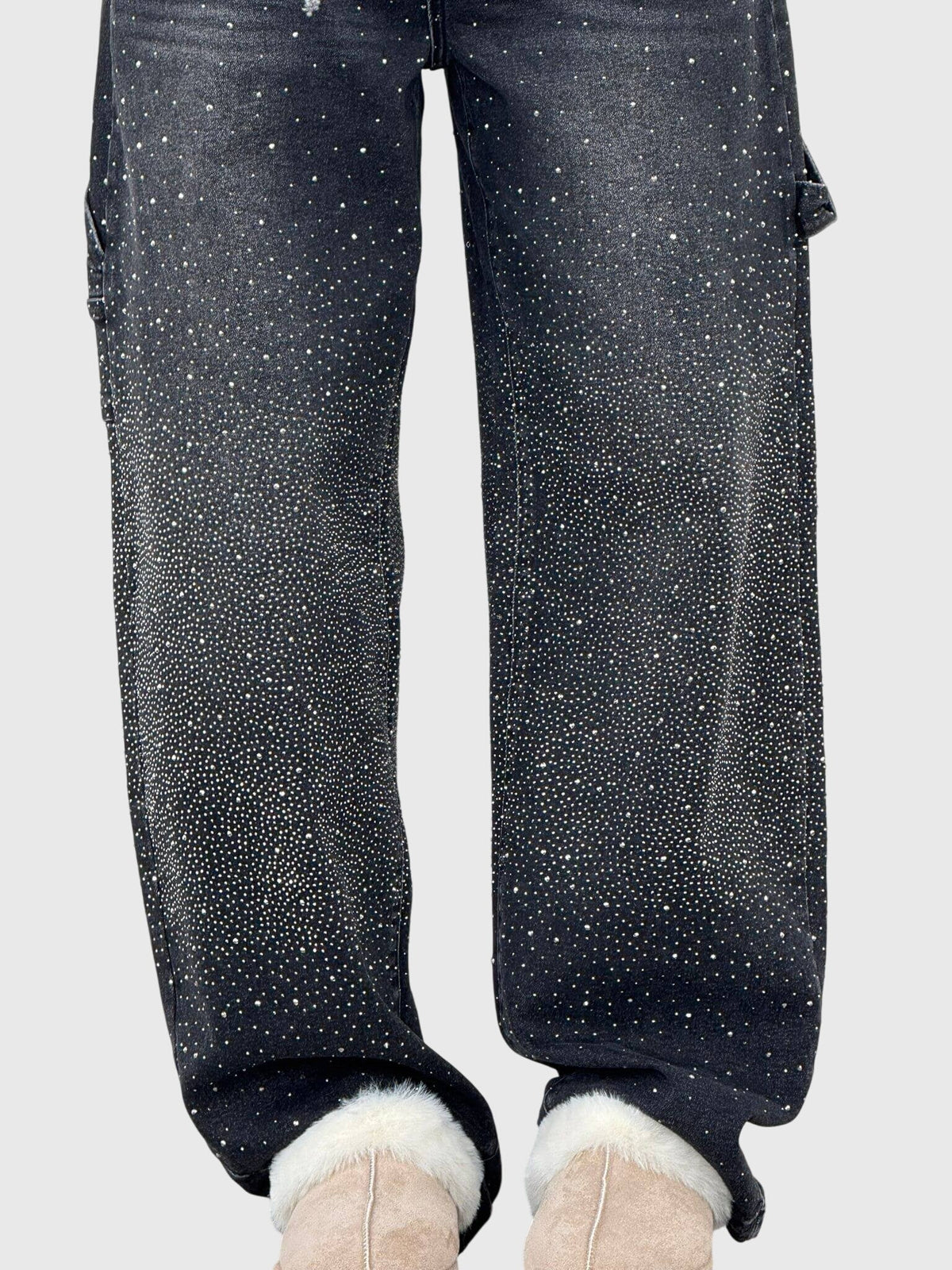 Mønstrede jeans med lige ben set i profil