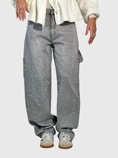 Mønstrede jeans med lige ben nærbillede af benet