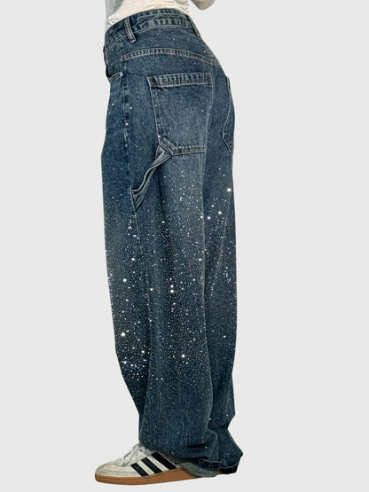 Mønstrede jeans med lige ben detalje set tæt på