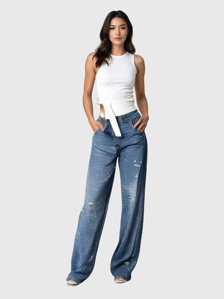 Mønstrede jeans med lige ben i fuld længde