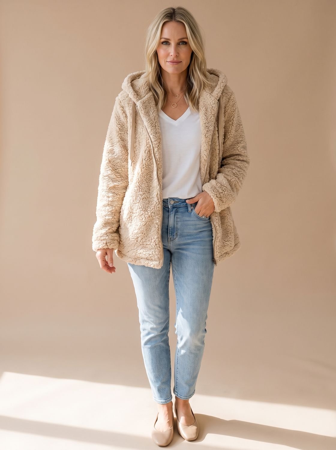 Iselin oversize teddyfrakke med hætte set forfra