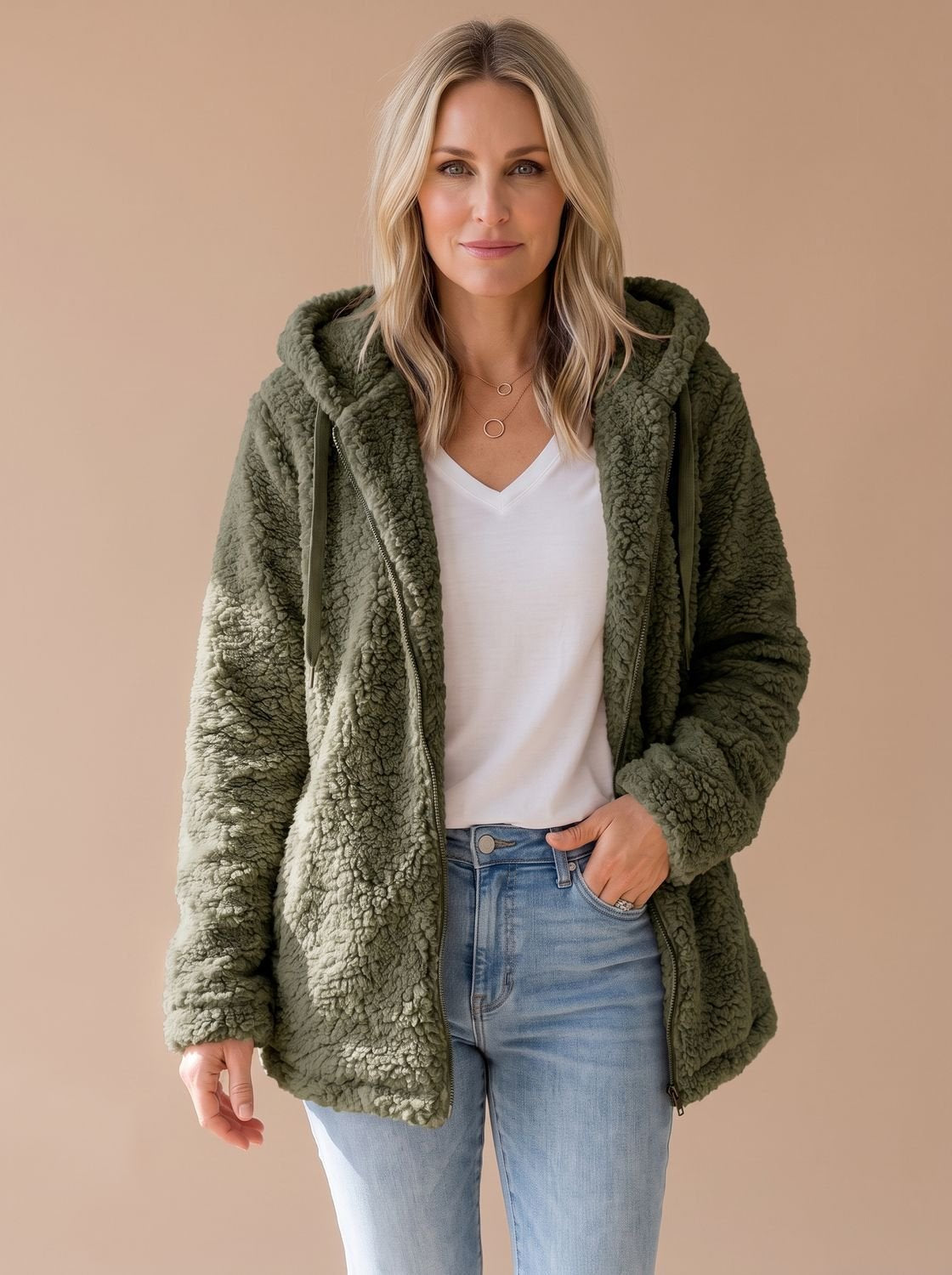 Oversize teddyfrakke med hætte farvevariant