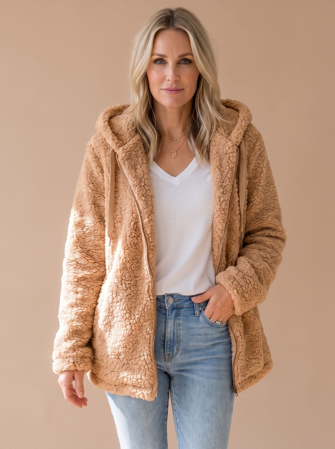 Oversize teddyfrakke med hætte detalje ved kanten