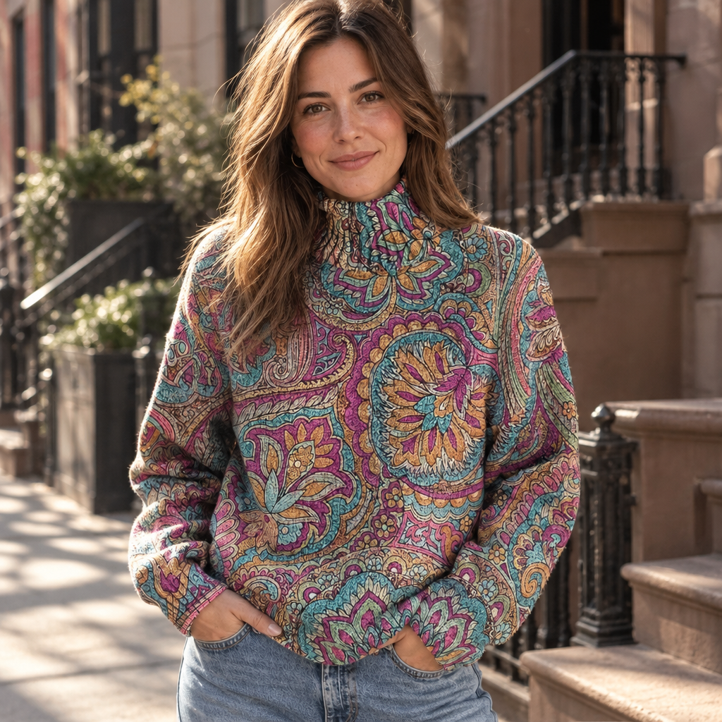 Rullekravebluse med paisley set fra siden