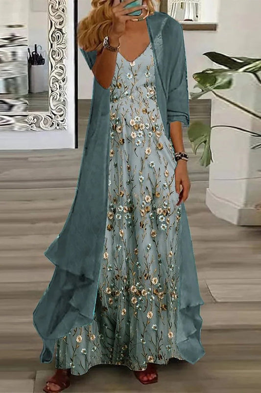 Rakel | Blomstret Maxikjole med V-Hals og Cardigan