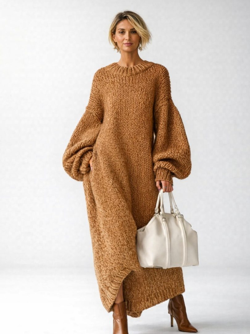 Oversize strikkjole i maxilængde nærbillede af stoffet