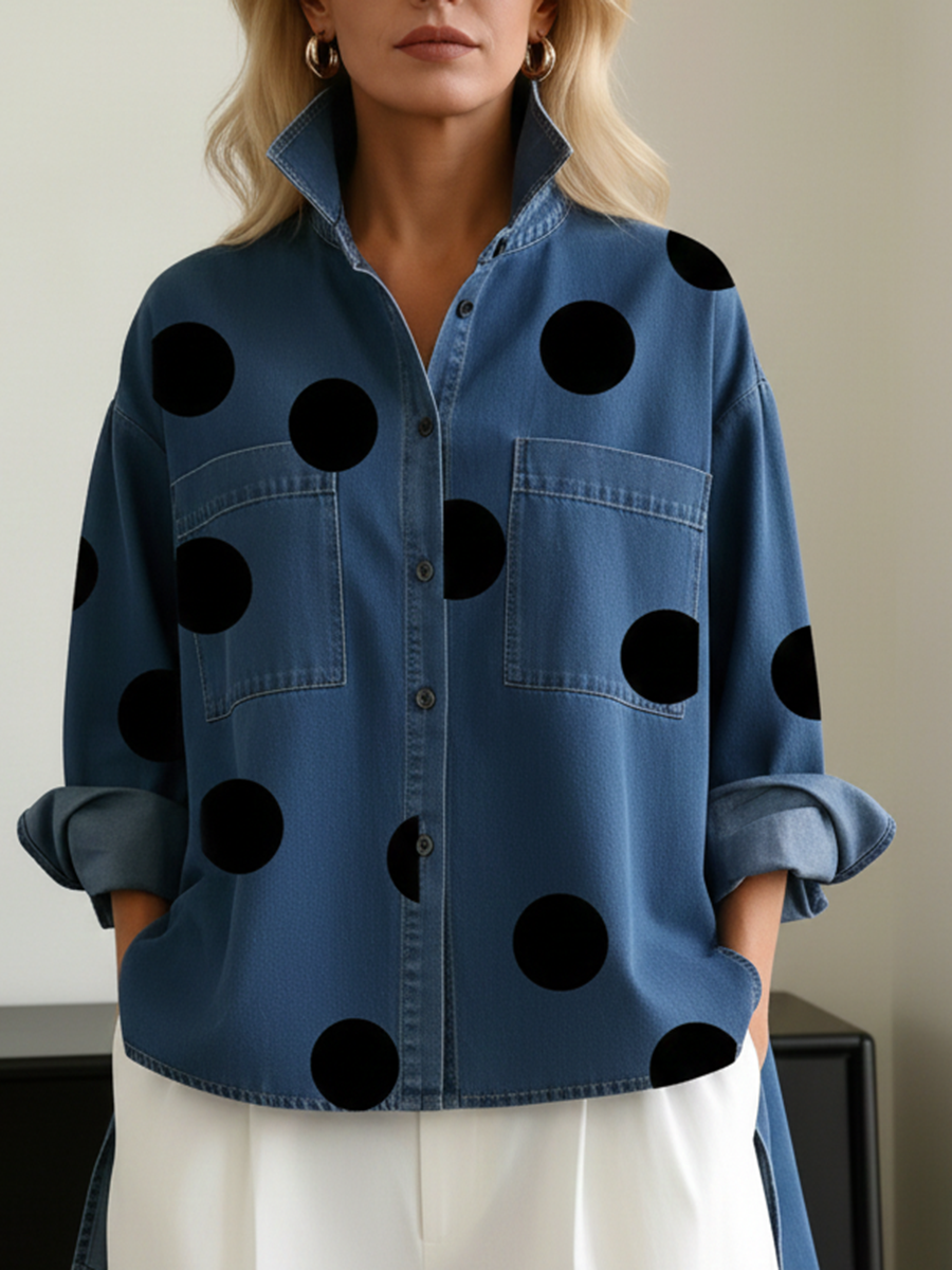 Liva | Prikket Bluse med Opstående Krave