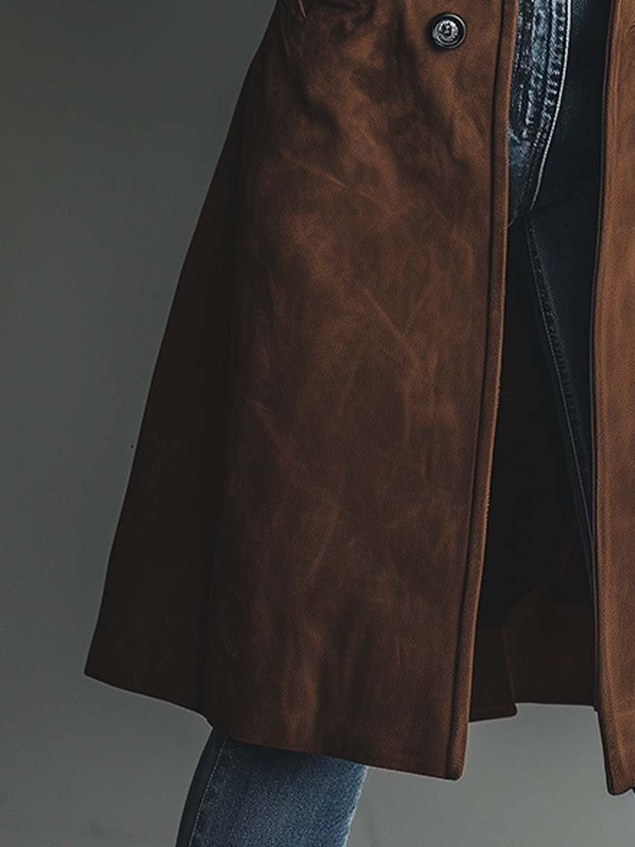 Trenchcoat i ruskindslook set fra siden