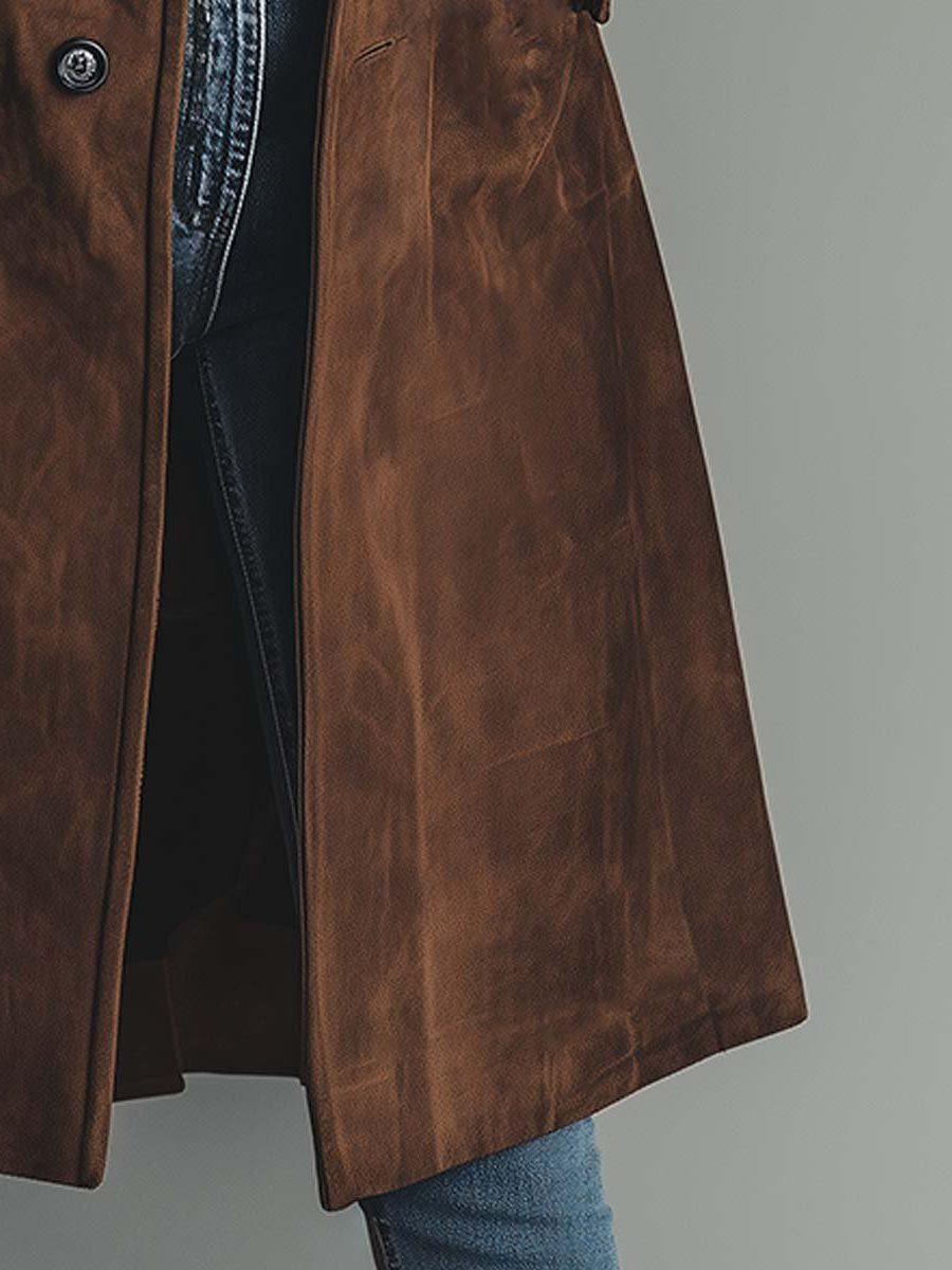 Trenchcoat i ruskindslook detalje set tæt på