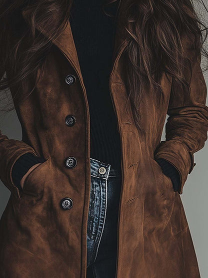 Trenchcoat i ruskindslook set bagfra