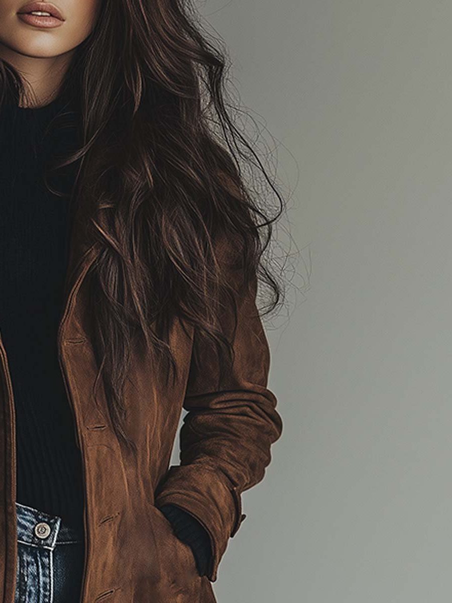 Trenchcoat i ruskindslook set skråt forfra